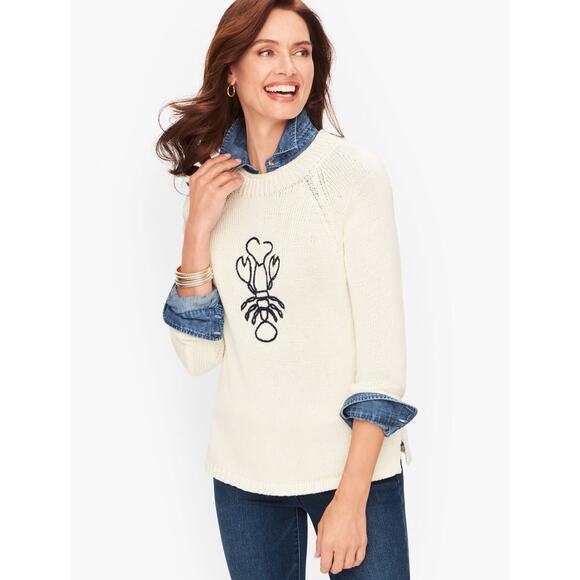 Talbots Embroidered Lobster Mock Neck Sweater Womens Medium Ivory Cream Preppy - Picture 1 of 8